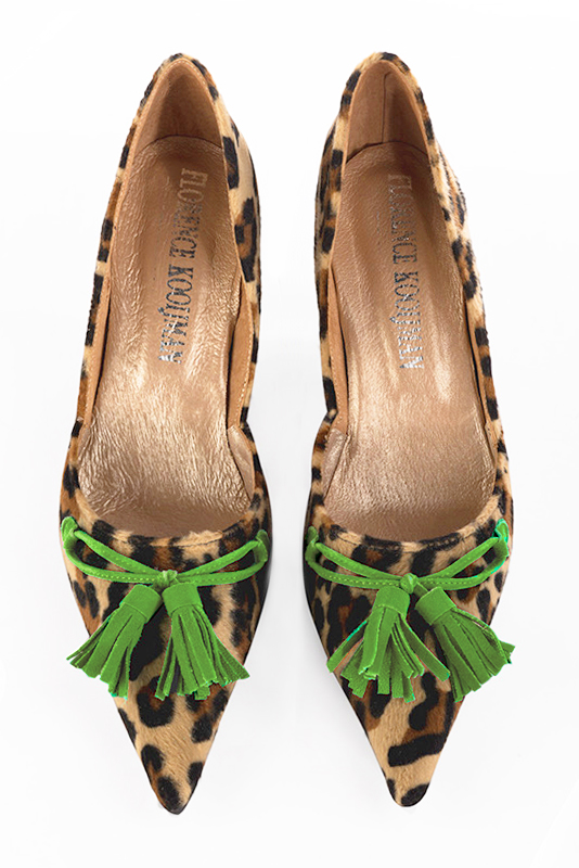 Safari black and grass green women's open arch dress pumps. Pointed toe. Very high slim heel. Top view - Florence KOOIJMAN